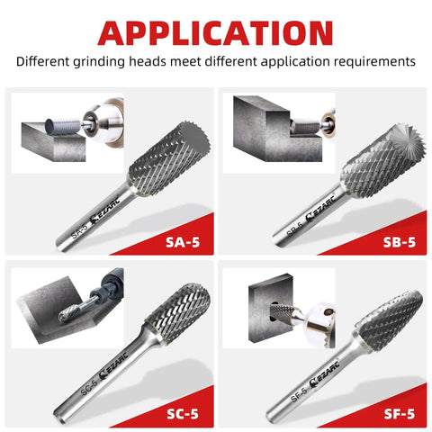 Four types of tungsten carbide rotary burrs including SB-5 for metalworking, shown with applications and labeled for different uses.