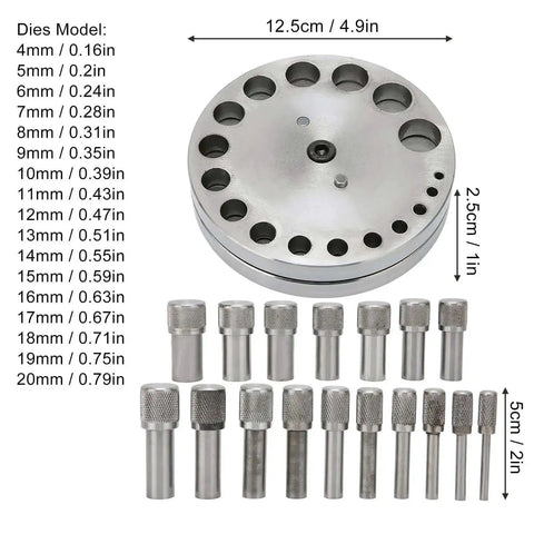 Steel Disc Cutter Set For Jewelry Making showing disc cutter and 17 dies, labeled measurements in inches and centimeters.
