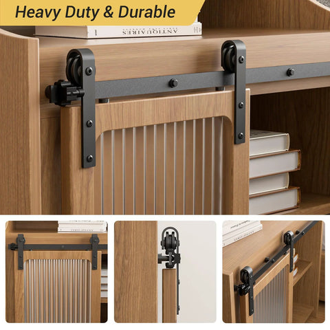 Sliding Barn Door Hardware Kit For Closet And Cabinet, 4 Ft Track System, Carbon Steel With Frosted Black Finish, installed on cabinet