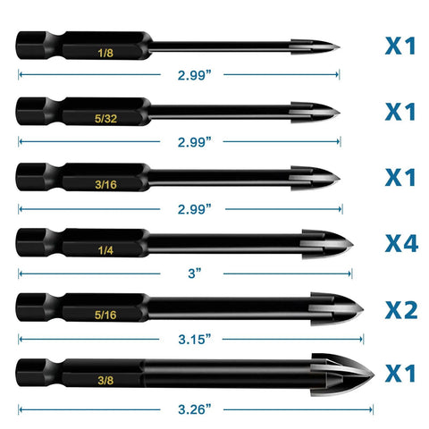 10 Piece Glass Concrete Drill Bit Set With Hex Shank Tungsten Carbide Tips displayed showing various sizes for masonry drilling