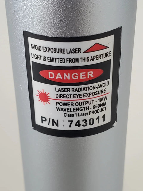 Sysotek Visual Fault Locator on a silver cylindrical tool; laser-warning label with 650 nm, 1 mW.