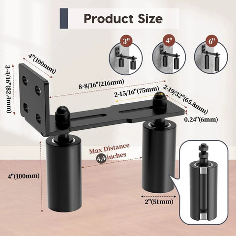 Heavy Duty Slide Gate Roller Guide With L Rear Post Steel Bracket Sliding Gate Hardware Kit Support Assembly For Sliding And Rolling Gates Garage Wood And Fence Doors Black Finish 4 Inch shown with dimensions and diagrams