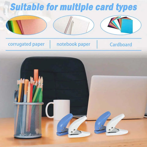 4 Pack Handy Mini Hole Punch Set 6mm Single Hole Punchers in blue and white on office desk with paper types displayed above