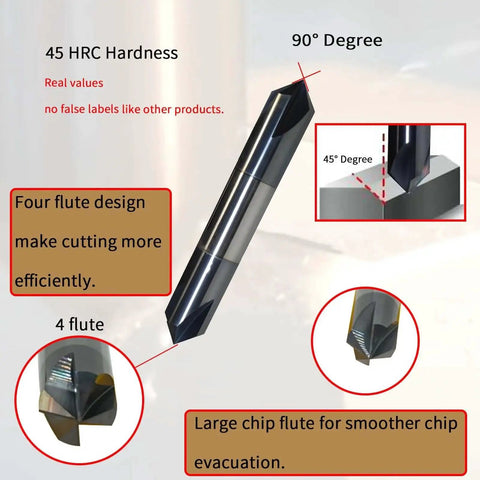 Half Inch Solid Carbide Chamfer Mill End Mill With Four Flute, 90 Degree Chamfer, Double End, AlTiN Coated, Heavy Duty, shown at various angles with highlighted features.