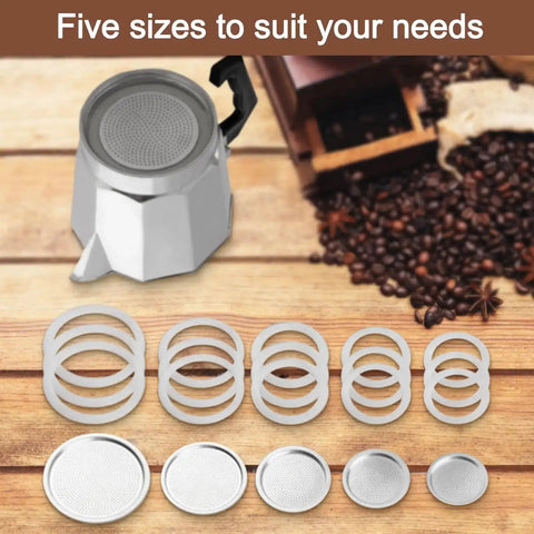 Your Go-To Gear Silicone Gasket And Aluminum Filter Set For Stovetop Espresso Makers 2/3/6/9/12 Cup Rubber Seal For Moka Pot Replacement Parts Easy Install Durable 9 Cup Compatibility Heat Resistant Stove Top Coffee Machine Accessories showing five gasket and filter sizes with a moka pot background.