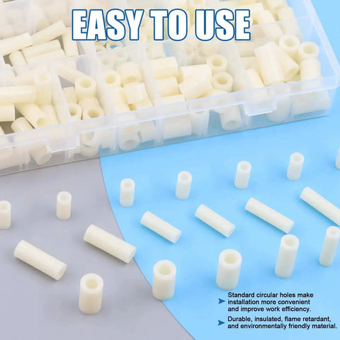 Nylon Spacer Go-To Assortment Kit 270Pcs For M3 To M6 Screws with White ABS Round Washers in organized storage box