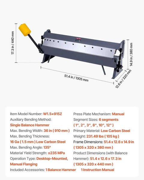 Box And Pan Brake 36 Inch Sheet Metal Bending Tool With 16 Gauge Mild Steel Capacity and Six Fingers, front view with dimensions
