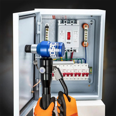 Using Aluminum Alloy Hydraulic Knockout Hole Punch Kit 1/2 to 2 Inch on electrical box metal sheet with conduit cutter