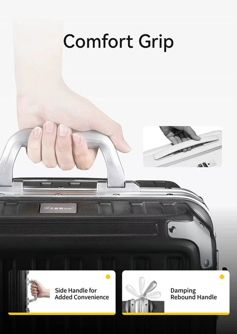 Close-up of Comfort Grip handle on Carry On Luggage With Spinner Wheels 8010S Aluminum Frame Zipperless Polycarbonate Hard Shell Suitcase ZX Core Charcoal Metallic.