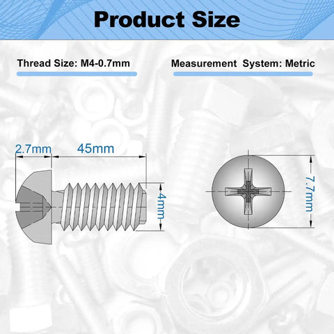 Diagram of 30 Pcs M4x45mm Pan Head Phillips Machine Screws 304 Stainless Steel Fully Threaded 1.75 In For Furniture Repairs And 3D Printers In A Durable Plastic Storage Box with screw measurements visible.