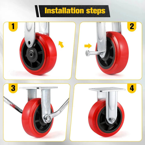 Installation steps for 5 Inch Caster Wheel Set Of 4 With Polyurethane Surface And Dual Ball Bearings Heavy Duty Replacement Wheels for Flatbed Carts and Trolleys