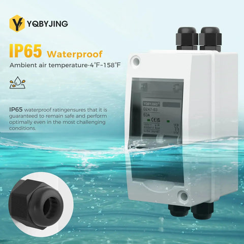 DC 63 Amp Solar Panel Disconnect Switch Heavy Duty Two Pole Miniature Circuit Breaker Box 1000V Outdoor IP65 shown above water to illustrate waterproof feature.
