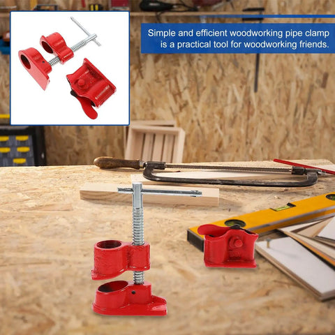 Lightweight Half Inch Red Pipe Clamp For Woodworking, quick release C-shaped clamp for secure glue-ups, front view on workbench