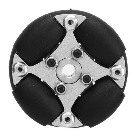 Double Aluminum Omni Wheel 38mm for Robots, top view showing metal hubs and durable PU rollers for 360-degree movement in DIY projects.