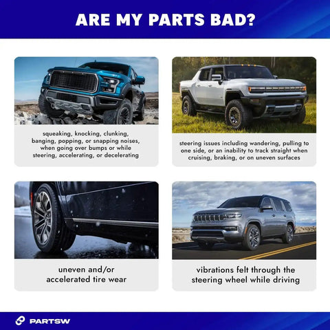Common symptoms of bad suspension and steering parts with images of trucks and SUVs in different conditions and terrains.