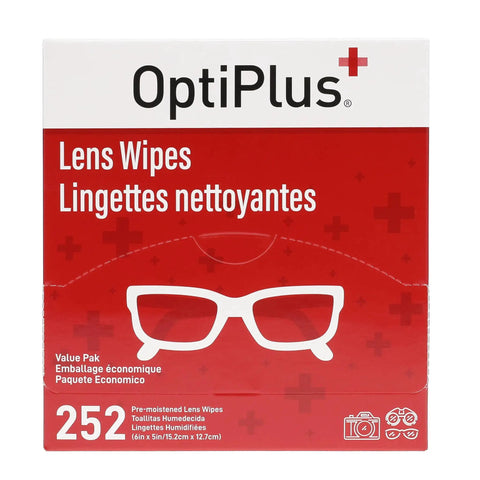OptiPlus pre-moistened eyeglass lens wipes package for glasses and screens, box of 252, quick dry scratch free, red and white design.