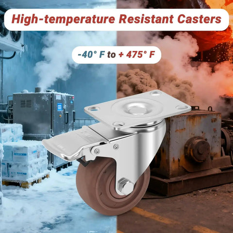3 Inch Heavy Duty Casters Wheels Set Of Four With Brakes 1400 Pounds Capacity Glass Filled Nylon Heat Resistant To 475 Fahrenheit Industrial Castors For Workbench High Temperature Casters For Heavy Equipment And Mobility close-up, showing metal plate and brown wheel with icy and fiery background.