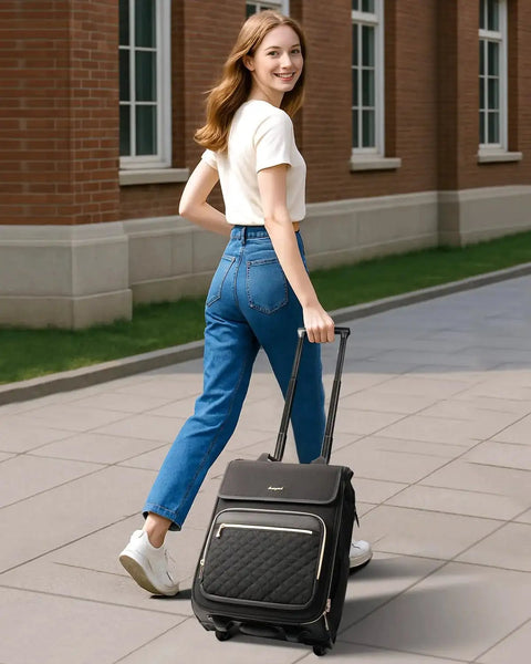 Woman pulling Arcoyard Rolling Backpack With Wheels For Women, 2 In 1 Vertical And Horizontal Storage, Flip Top Design, water resistant, outside.