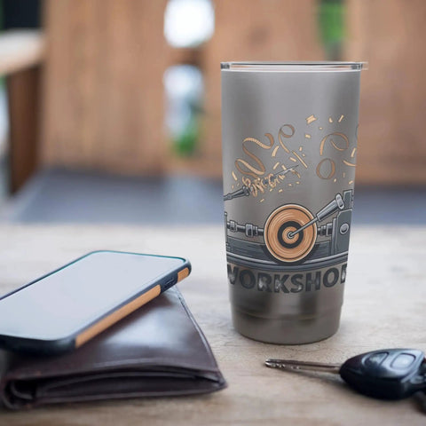 Woodturner Inspired Stainless Steel Insulated Tumbler For Lathe Work Lovers And Makers Keeps Beverages Hot Or Cold With Dual Wall Design For Woodturning Hobbyists And Craftsmen In The Workshop shown with a lathe design on table.