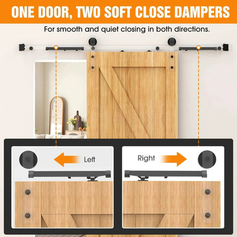 Wooden barn door with soft close mechanism and sliding track system, featuring heavy-duty construction for 88 to 132 lb doors.