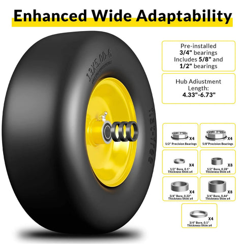 2 Pack Flat Free Tire And Wheel Set For Lawn Mower, 13x5.00-6 Front Tires For Zero Turn Mowers, Solid Polyurethane, 500 Lb Load, Yellow Hub