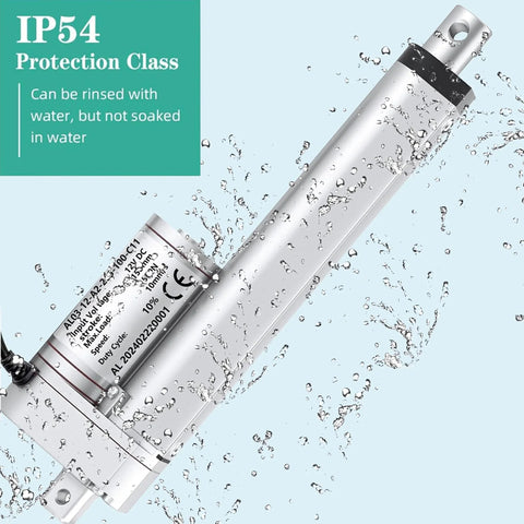 12V Linear Actuator 660 Lbs Heavy Duty 6 Inch Stroke IP54 Waterproof Electric Actuator With Speed 5mm Per Second And Reverse Polarity Control Switch For RV Industrial Awinli shown with water splashes indicating its IP54 rating.
