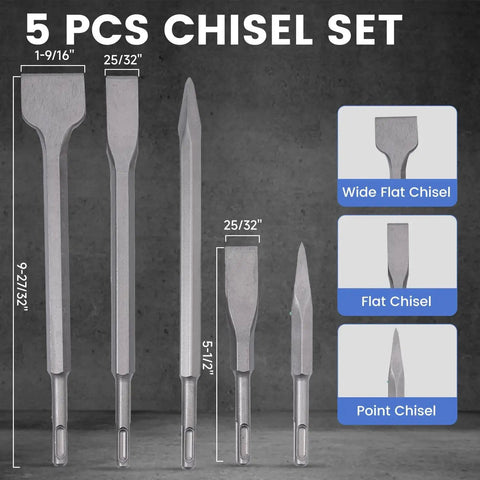 5-piece chisel set displayed with measurements, featuring wide flat, flat, and point chisels for precision woodworking and masonry.