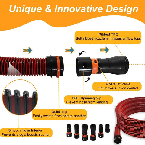 Versatile 16 Foot Vacuum Hose Kit With 6 Adapters For Dust Collection shown with ribbed TPE material and airflow control features