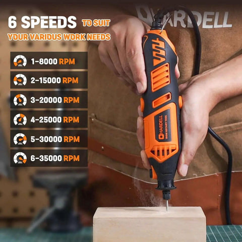 Person using Powerful 180W Corded Rotary Tool Kit With 6 Speed Settings And 61 Accessories 8000 To 35000 RPM For Sanding Polishing Cutting Engraving Carving And DIY Projects Orange by Hardell on wood block.
