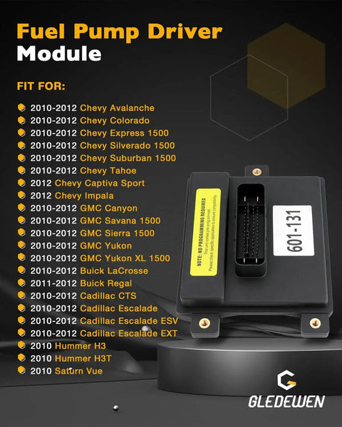 Fuel Pump Driver Module Replacement For GM Vehicles 2010 2012 Compatible With Chevy Silverado Suburban Tahoe Avalanche Express GMC Sierra Yukon Savana Canyon Cadillac with fitment list and module design displayed