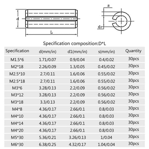 Diagram showing specifications of 390 Pieces 13 Kinds M1.5 M2 M2.5 M3 M4 M5 M6 Steel Split Dowel Roll Pins Kit Slotted Spring Pins