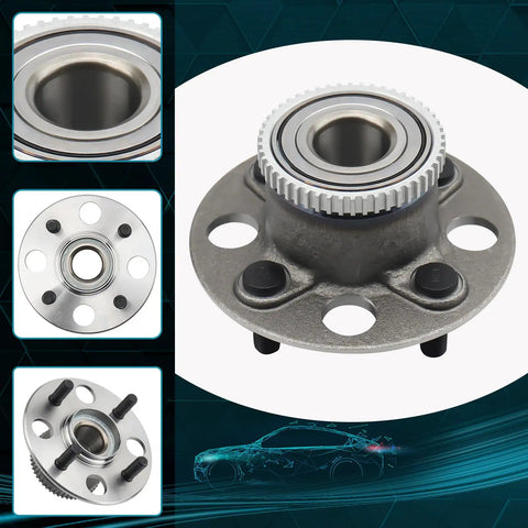 Close-up view of Rear Wheel Hub And Bearing Assembly For Honda Civic With ABS OEM Replacement, Four Lug, Fits 2001 To 2005 models.