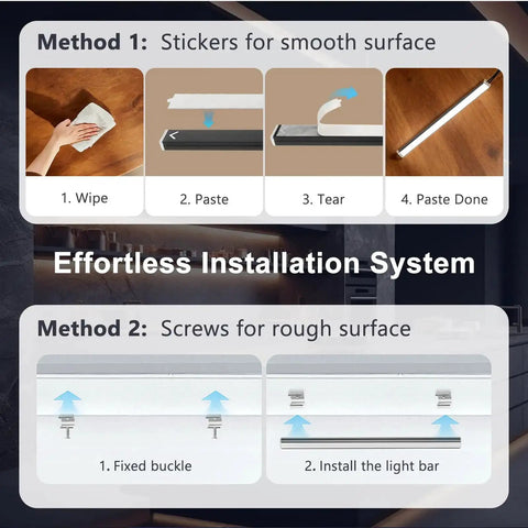 Six Pack Under Cabinet Lighting With Touch Control LED Light Bars installation guide with stickers and screws for smooth and rough surfaces