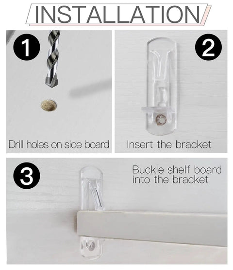 Installation steps for 20 Pcs Clear Plastic Locking Shelf Pins 5mm 3/4 Inch Self Locking Shelf Support Peg Clips with drill and brackets.