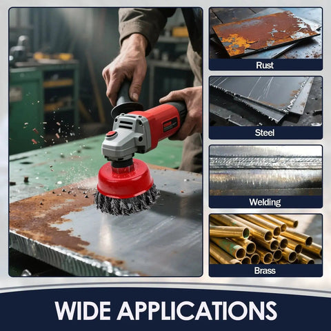 Three Pack Wire Wheel Brush Set For Angle Grinders With 0.02 Inch Carbon Steel 72A Twist Wire And Five Eighth Inch Arbor in use on rusted metal