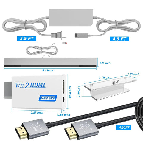 Wii Wired Sensor Bar And HDMI Adapter Bundle showing sensor bar, HDMI converter, AV cable, and power cord with measurements for Nintendo Wii.