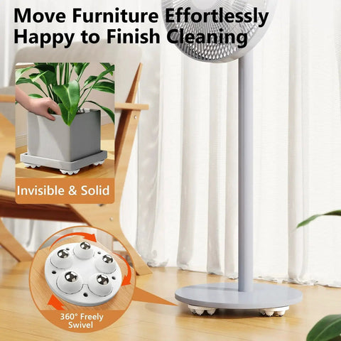 2 Inch Caster Wheels With 360 Degree Swivel Self Adhesive Universal Fit For Furniture Storage Boxes Coffee Makers And PCs Mini Low Profile Casters With Five Ball Bearings For Smooth Movement Reinforced Connection 4 Pack installed on a standing fan.