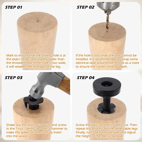 Installation steps for Beefy Heavy Duty Furniture Leveling Feet Set For Tables Cabinets Sofas And Dressers with tools and wood block
