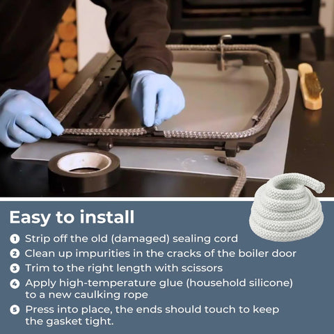 Outdoor wood furnace door gasket rope being installed by gloved hands; gasket coil and tape visible nearby.