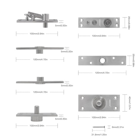 Components of Heavy Duty Pivot Door Hinge System With 360 Degree Rotation For Bookcases And Hidden Doors Stainless Steel 150kg Capacity Invisible Murphy Hinge Low Profile Mount Smooth Quiet Operation By Roness shown with dimensions.