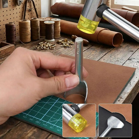 Close-up of 14 Size Leather Corner Punch Set With Half Round And Quarter Round Punches, Rubber Hammer for DIY wallet making