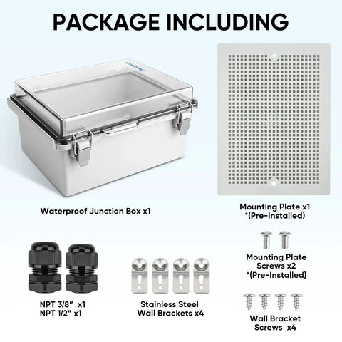 Package including Outdoor Waterproof Electrical Box Junction Enclosure With Hinged Cover Built Tough IP67 Rated ABS Plastic Housing