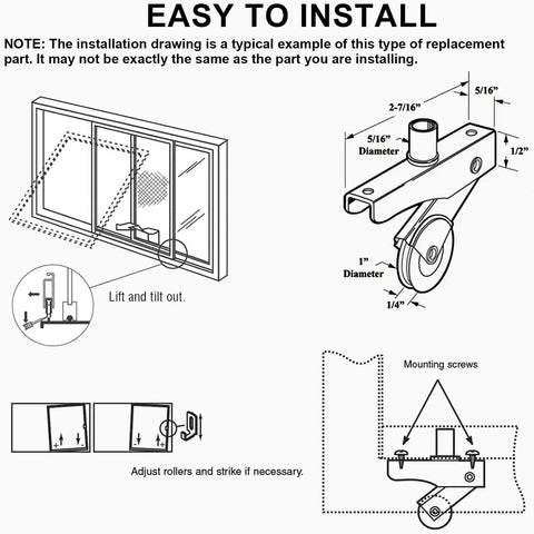 Installation diagram of Spring Loaded Sliding Screen Door Roller Replacement with 1 Inch Steel Ball Bearing Concave Wheels.