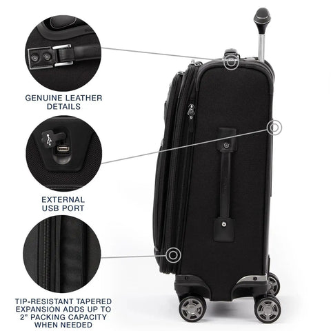 Side view of Platinum Elite Softside Expandable 21 Inch Carry On Luggage with USB port and 8 wheel spinner in shadow black.