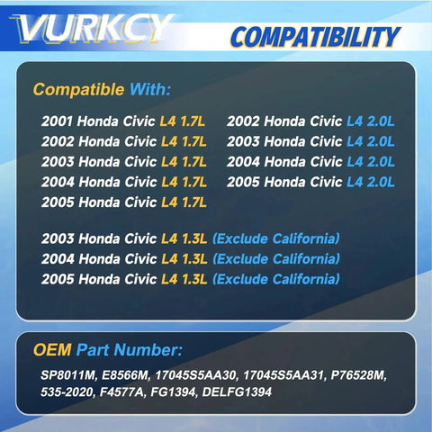 Compatibility chart for Fuel Pump Module Assembly With Sending Unit For Honda Civic 2001 2002 2003 2004 2005 L4 1.3L 1.7L 2.0L Direct Fit Replacement.