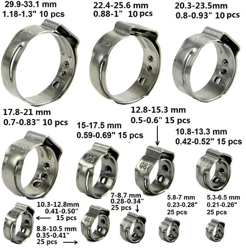 All Purpose Hose Clamp Kit With Pincers Crimper Tool 200 Pcs 304 Stainless Steel Stepless Single Ear 5 To 33mm overview