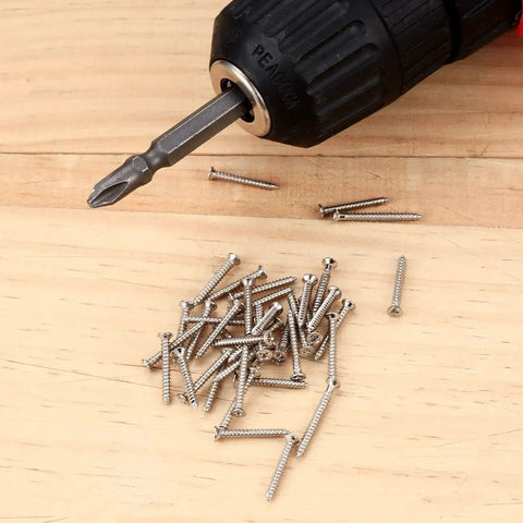 M2 Flat Head Self Tapping Screws Set For Woodworking, Nickel Plated Carbon Steel, Cross Drive, Rust Resistant, shown with drill driver