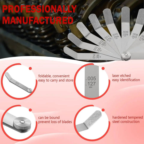 Offset Valve Tappet Gauge Set With Premium 11 Blade Feeler Gauge Kit For Measuring Valve Gap Between Tappet And Valve Stem Includes Two Red Handles Wide Range From 0.004 Inches To 0.014 Inches For Precise Engine Tuning, shown with blades open, focusing on foldable design and measurement markings.