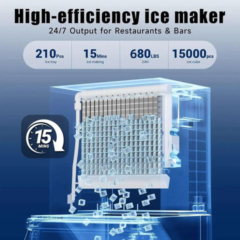 Industrial Ice Maker With 680 Lbs Per Day Output And 210 Ice Cubes In 5 To 15 Minutes 580 Lb Storage Capacity Auto Clean Stainless Steel Commercial Ice Machine For Busy Bars And Cafes with high efficiency feature illustration