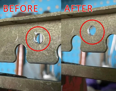 Before and after image of a metal plate showing burr removal using a Five Flute Metal Countersink Drill Bit 87 Degree.